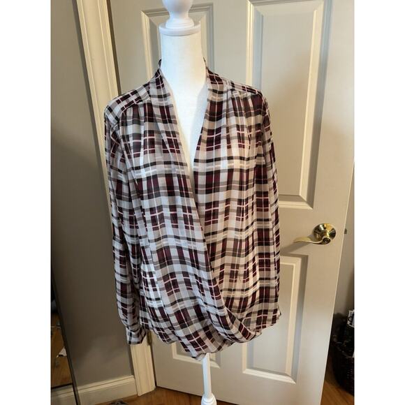 Alfani Burgundy Long-Sleeve Drape-Front Plaid Blouse 16W Retails For $69.5 - Picture 1 of 5